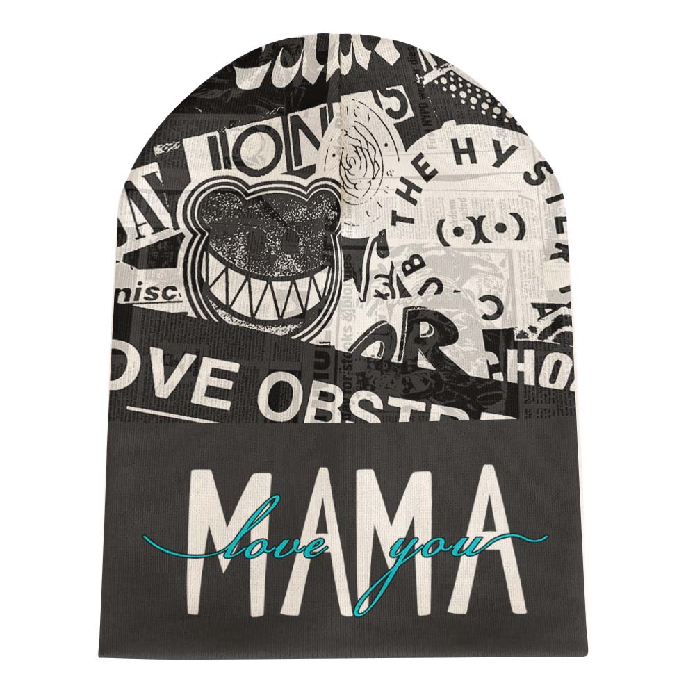 Polyester knit hat with MAMA text design, unique graphic elements, suitable for winter.