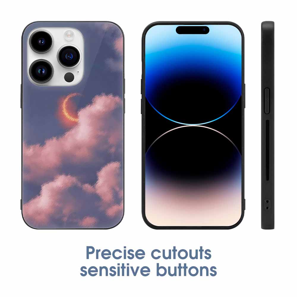 iPhone 14 case, cloud & moon design, glass + TPU, precise cutouts, stylish and protective