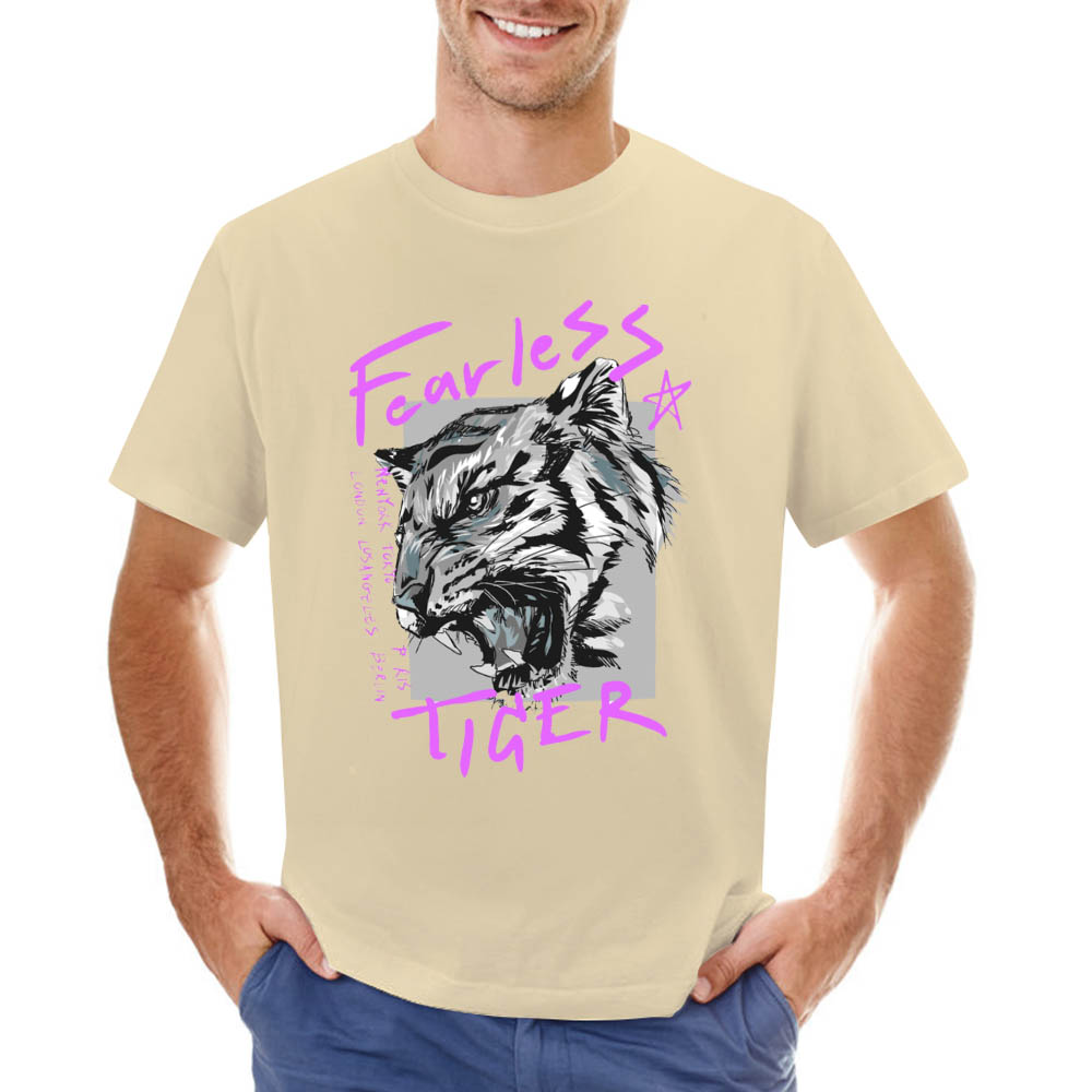 Beige cotton men's T-shirt featuring 'Fearless Tiger' graphic print, collection.