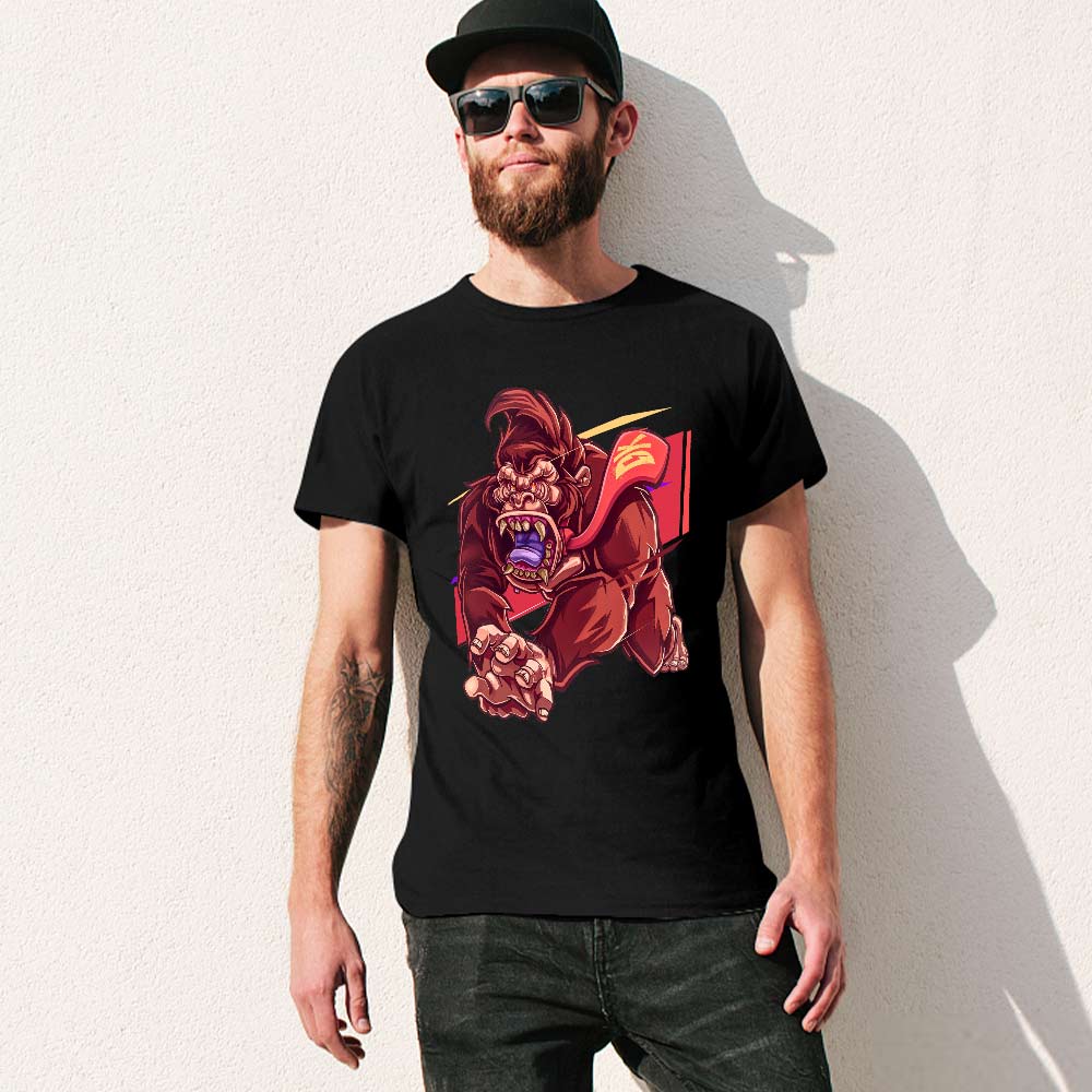 Black cotton men's T-shirt with red monster graphic print