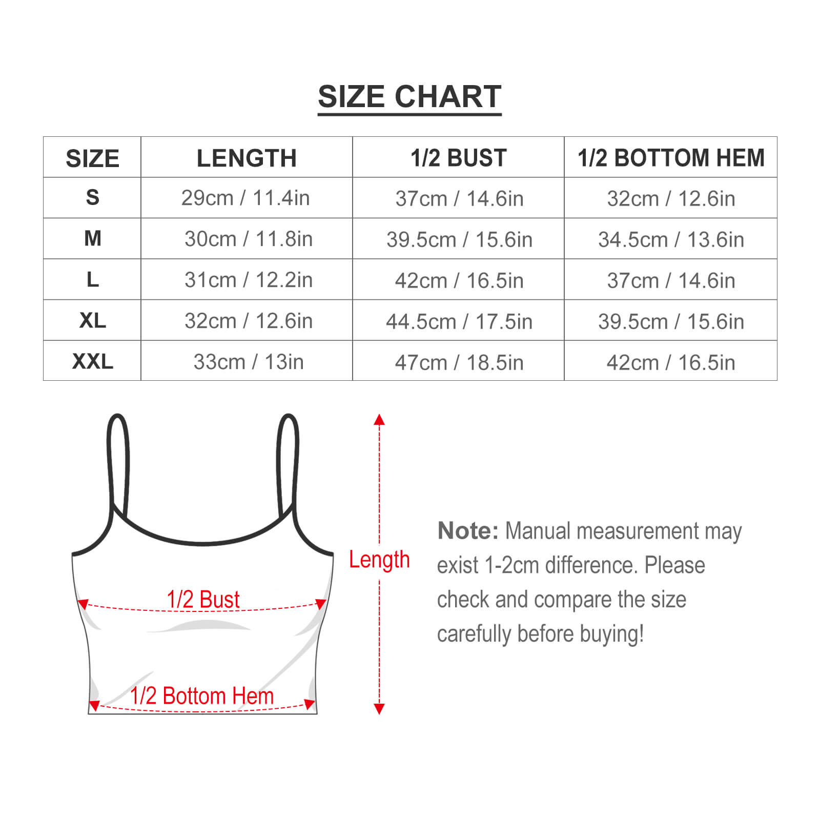 Women's camisole size chart with length, bust, and hem measurements