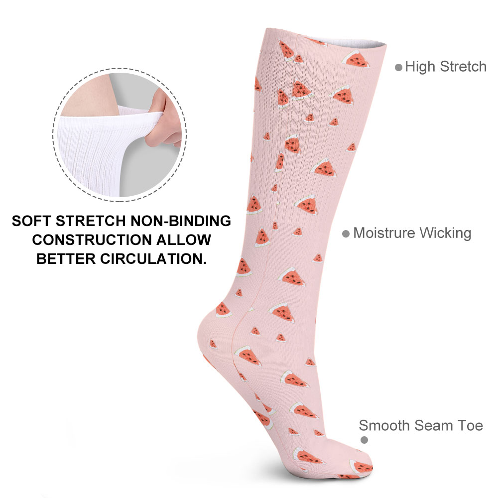 Pink breathable stockings with red heart pattern, soft and non-binding, for comfortable everyday wear.