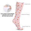 Pink breathable stockings with red heart pattern, soft and non-binding, for comfortable everyday wear.