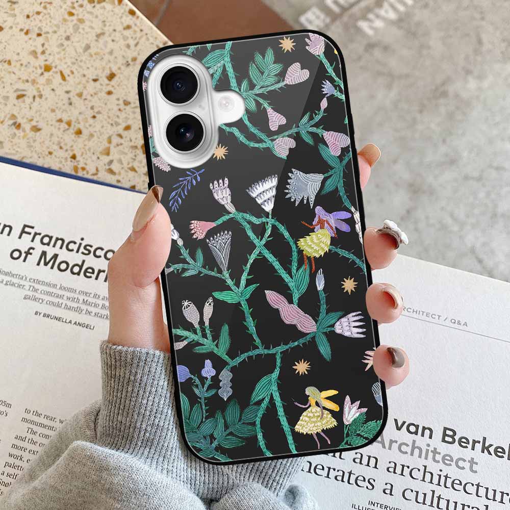 iPhone 16 series phone case with floral design, glass and TPU material, anti-scratch protection.