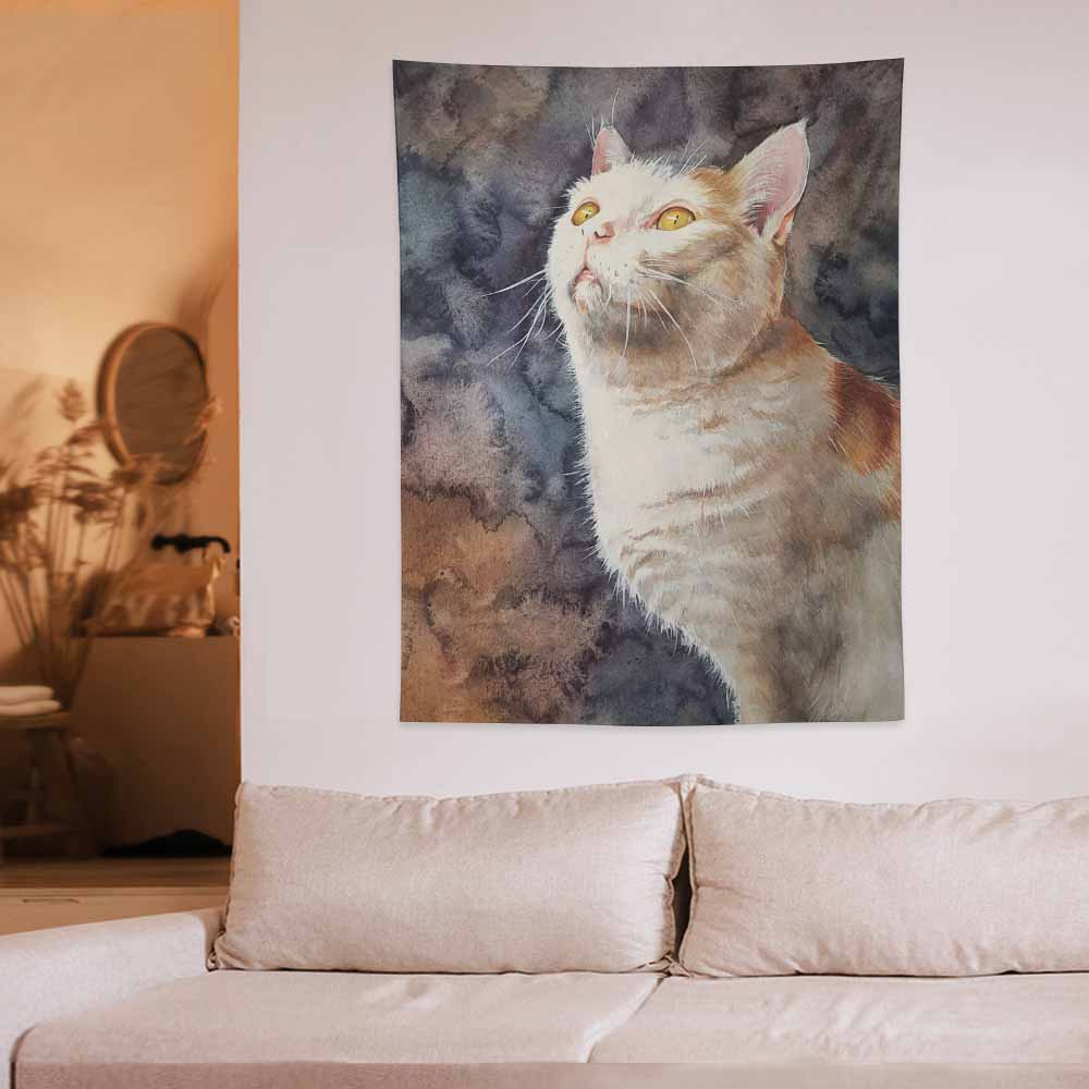 Curious cat polyester tapestry for wall decor. Vertical print showcasing vibrant colors and easy hanging.