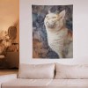 Curious cat polyester tapestry for wall decor. Vertical print showcasing vibrant colors and easy hanging.