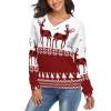 Women's V-neck Christmas sweater with reindeer pattern, red and white design, perfect for holiday.