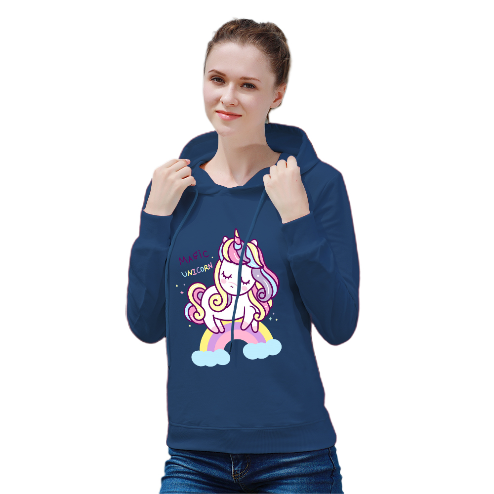 Women's navy blue unicorn hoodie sweatshirt, cotton blend, comfortable fit, suitable for spring, autumn and winter.