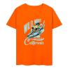 Orange cotton surfing T-shirt with 'Wild Wave California' graphic, summer fashion.