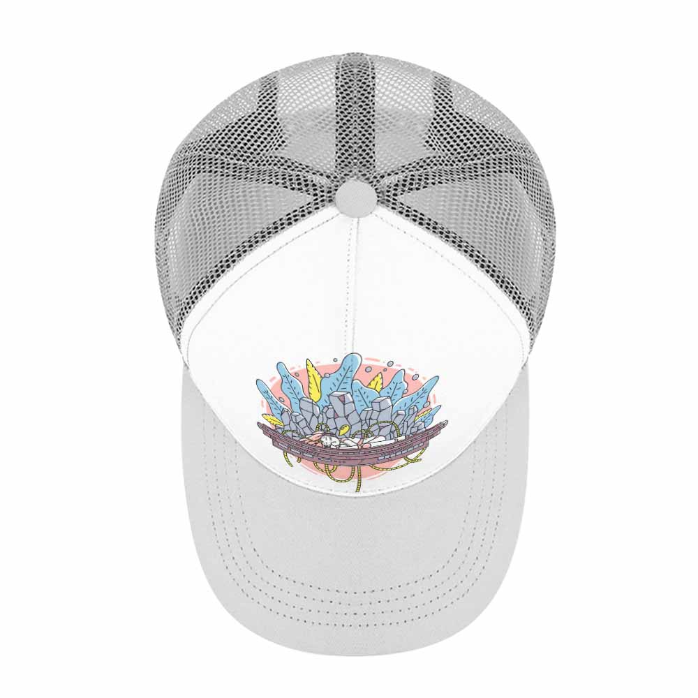 White baseball cap with mesh back and colorful graphic design, adjustable for outdoor wear.