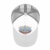White baseball cap with mesh back and colorful graphic design, adjustable for outdoor wear.