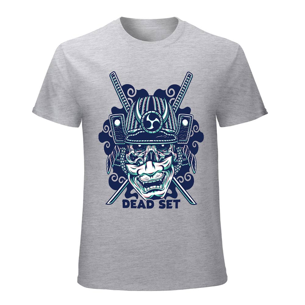 Gray cotton men's T-shirt with a blue samurai skull design and DEAD SET text, perfect for leisure and events.