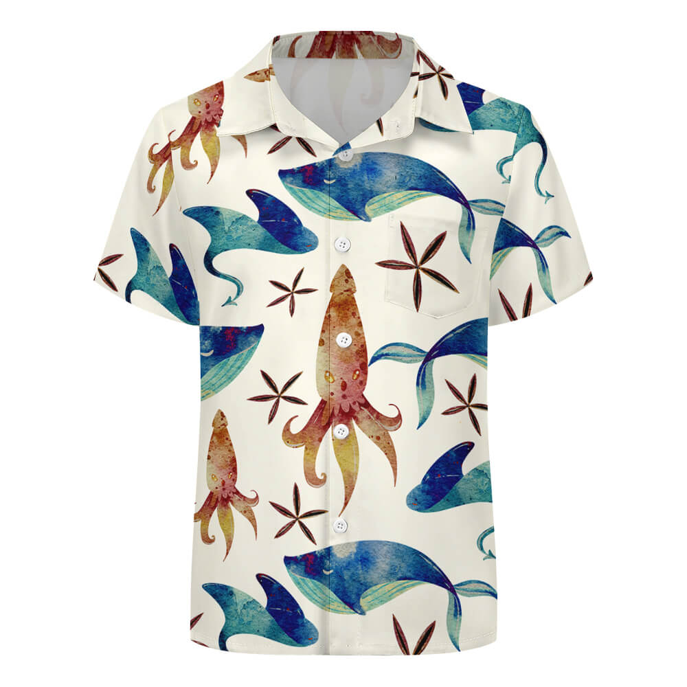 Kids' short-sleeved shirt with rocket and sea animal print. Four-way stretch fabric.