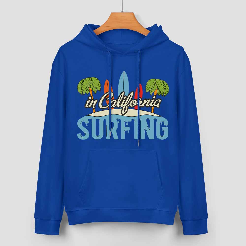 Royal blue cotton California Surfing hoodie with graphic, loose fit, suitable for daily wear.