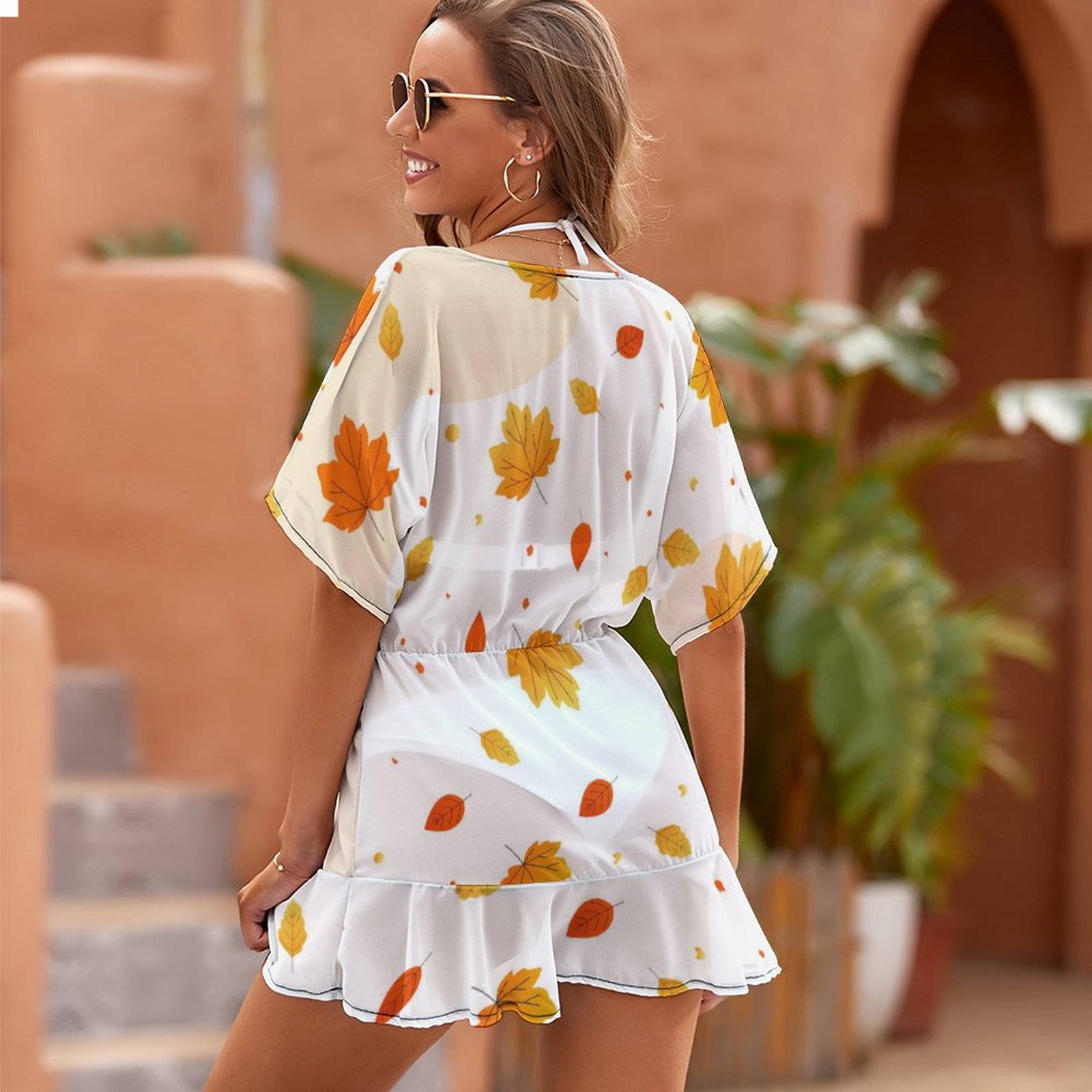 White floral print V-neck mini dress, perfect for vacation, fishtail skirt, and short sleeves