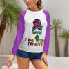 Raglan sweater with "I DO WHAT I WANT" print, purple sleeves. Comfortable polyester-cotton blend for casual wear.