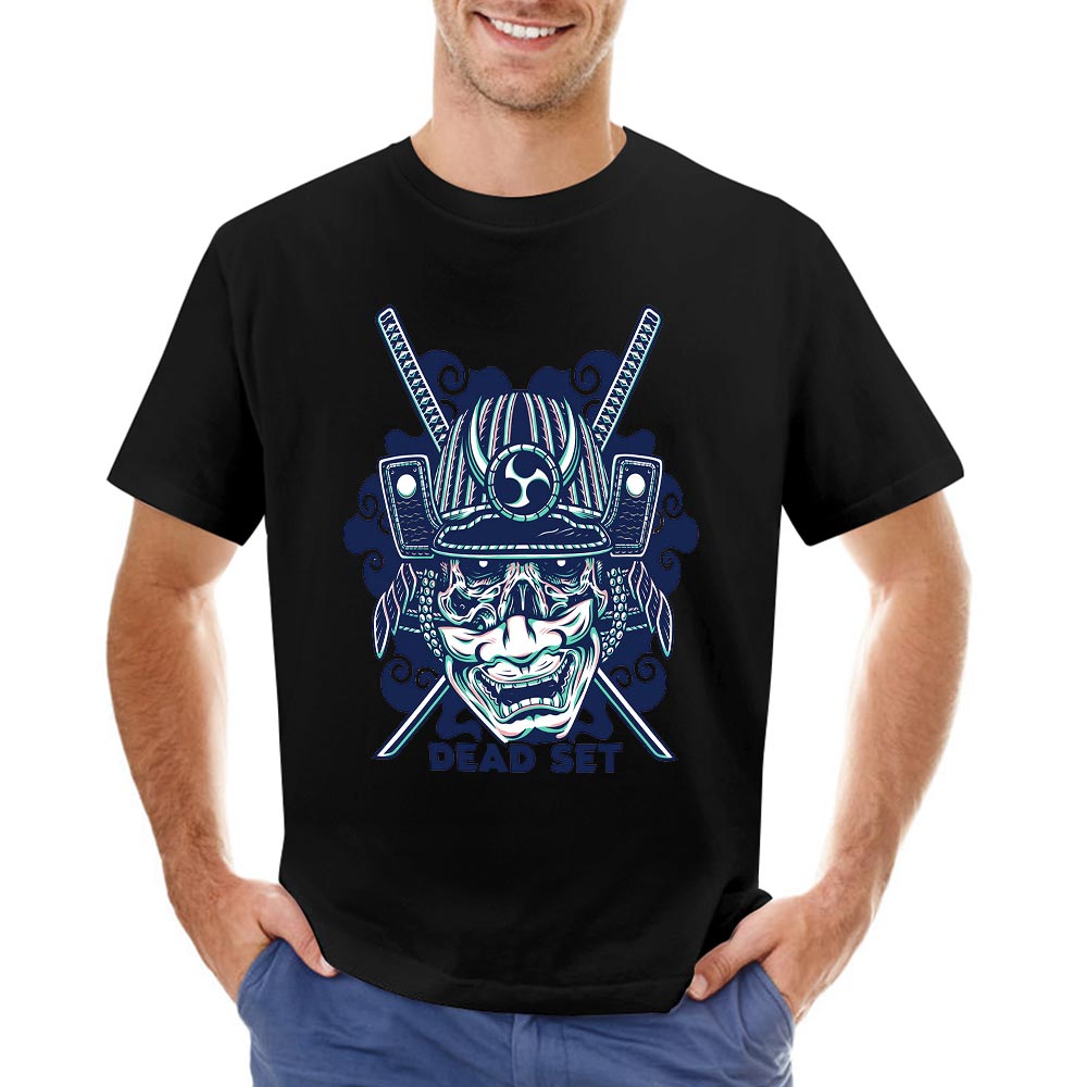 Pure cotton men's T-shirt with a samurai skull design, perfect for leisure and events.