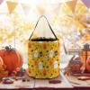 Yellow Halloween tote candy bag with ghost and pumpkin pattern, perfect for trick-or-treating and parties.