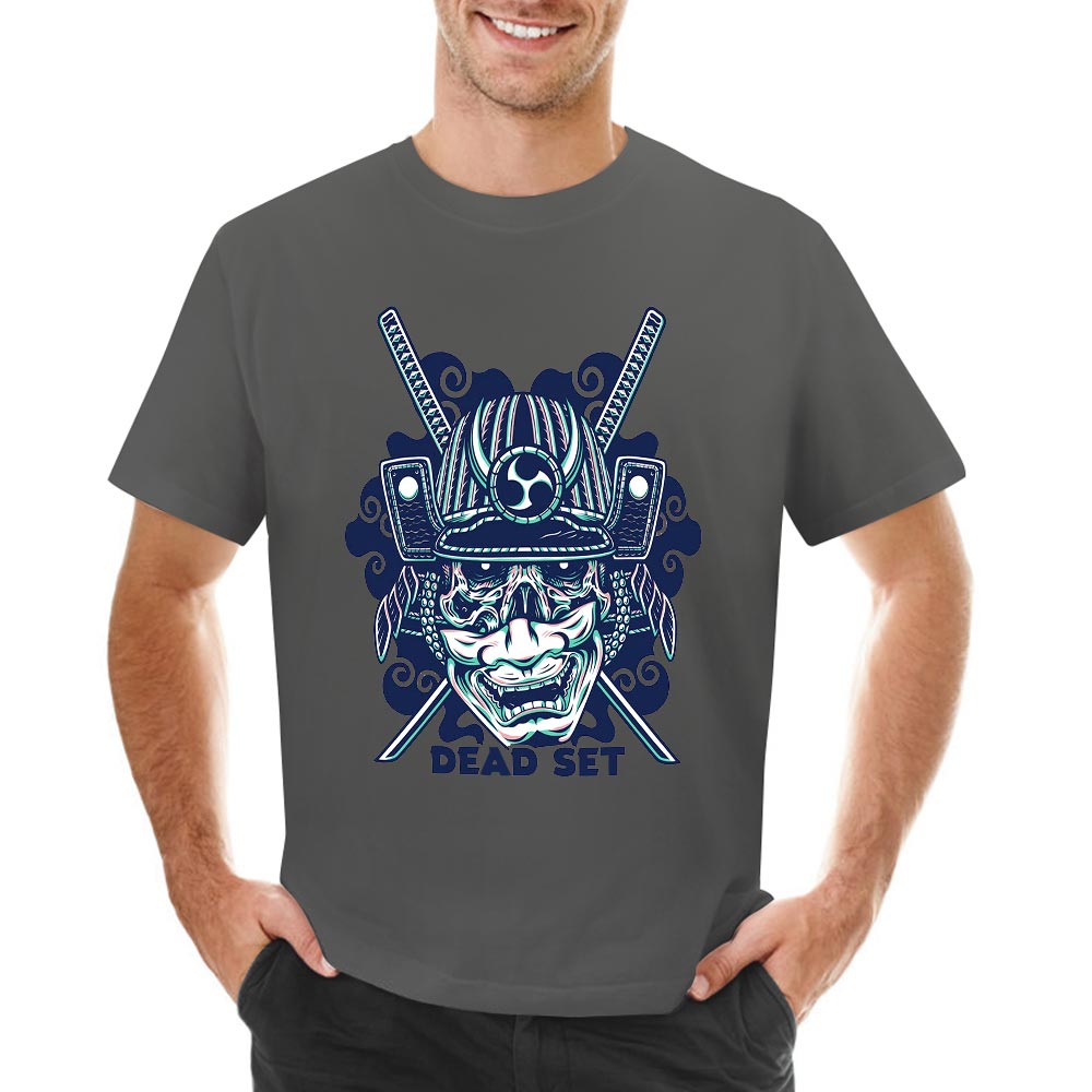 Dark gray cotton men's T-shirt with blue samurai skull design, perfect for leisure and events.