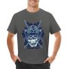Dark gray cotton men's T-shirt with blue samurai skull design, perfect for leisure and events.