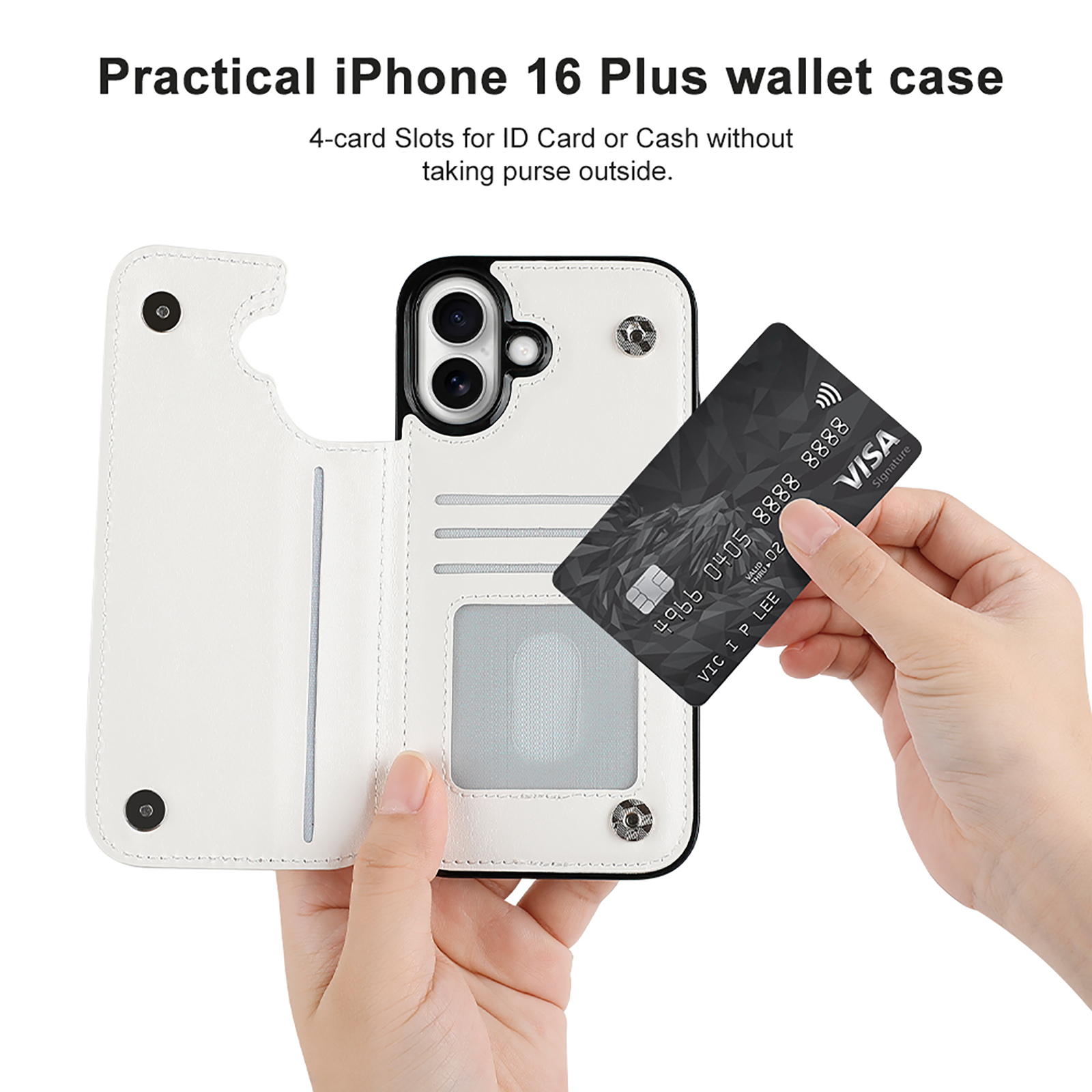 iPhone 16 Plus wallet case with card slot, white TPU leather, practical design.