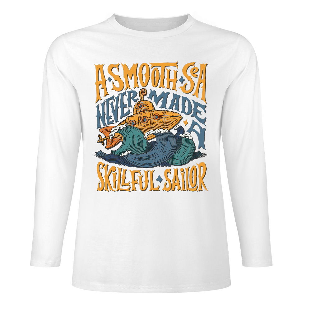 White pure cotton long sleeve T-shirt featuring 'ASMOOTH ARE MADE OF SOULFULLY' graphic design for casual wear.