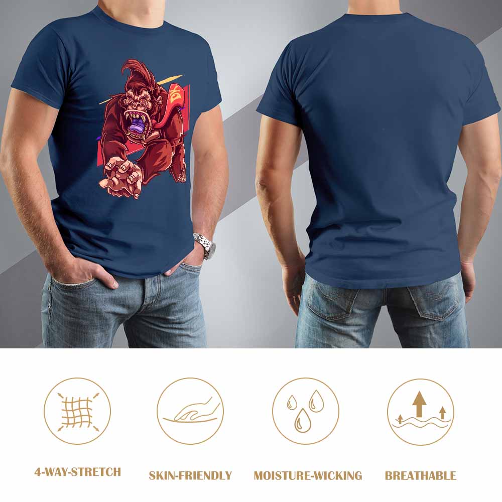 Men's navy blue cotton T-shirt with red monster graphic print, Inkedjoy design