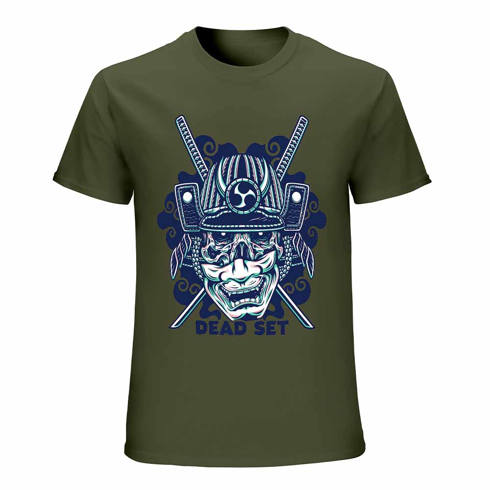 Dark green cotton samurai skull T-shirt with "DEAD SET" text, ideal for leisure and events.