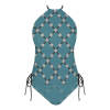 2025 NEW Split Swimsuit: Teal geometric halter top bikini for women, swimwear.