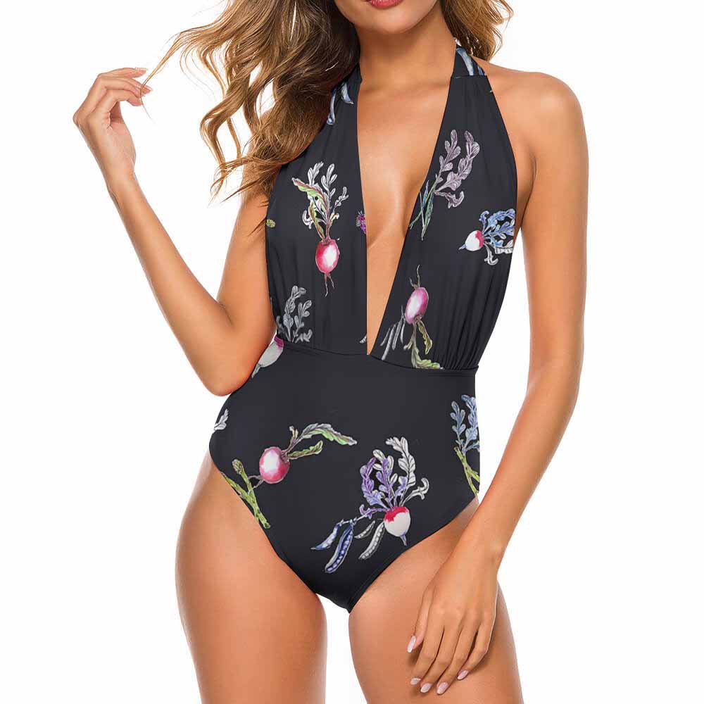 Black Floral Halter One Piece Bikini Swimsuit