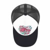 White and black baseball cap with colorful graphic design, mesh back and curved brim