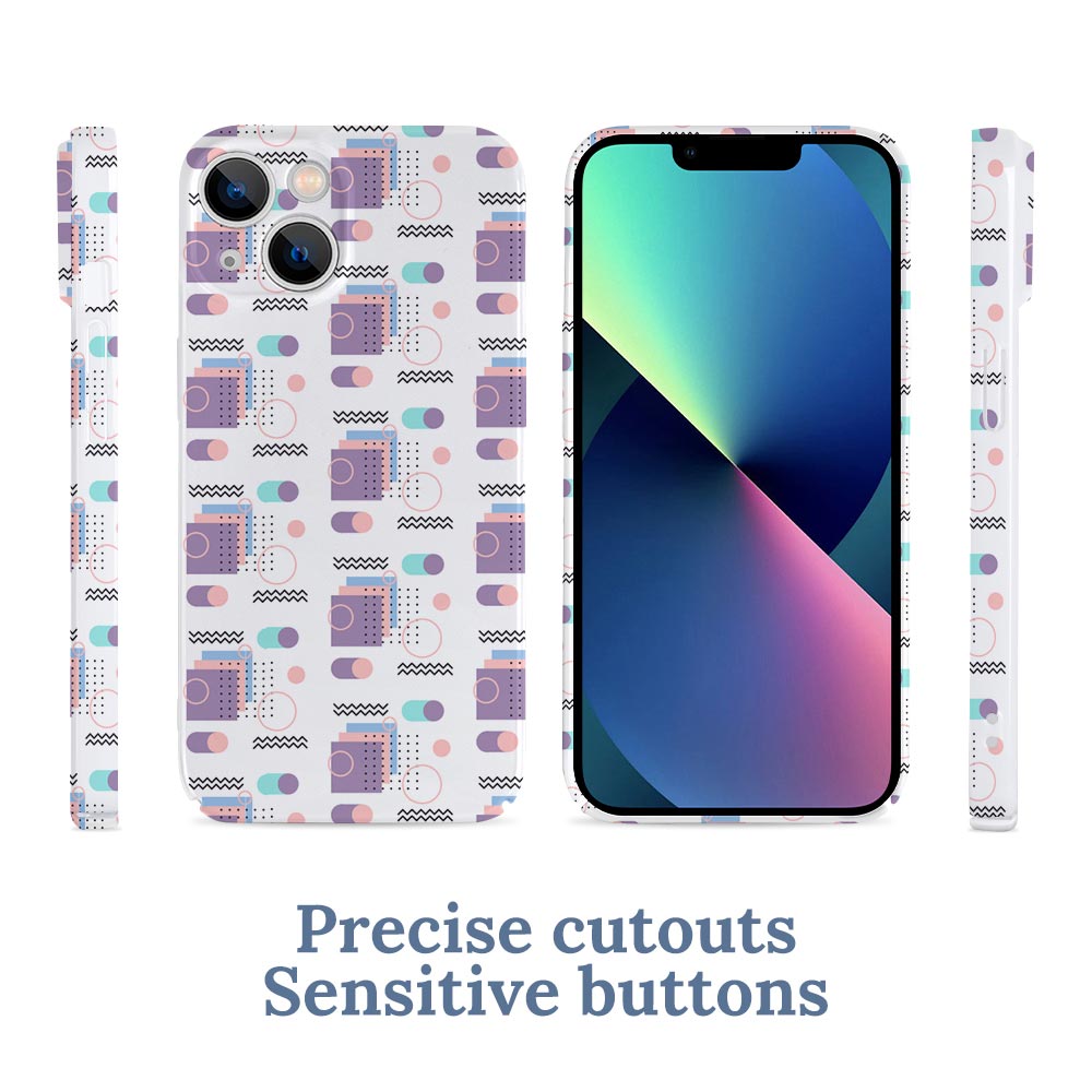 PC plastic iPhone 13 case with white & purple pattern, precise cutouts, and sensitive buttons.