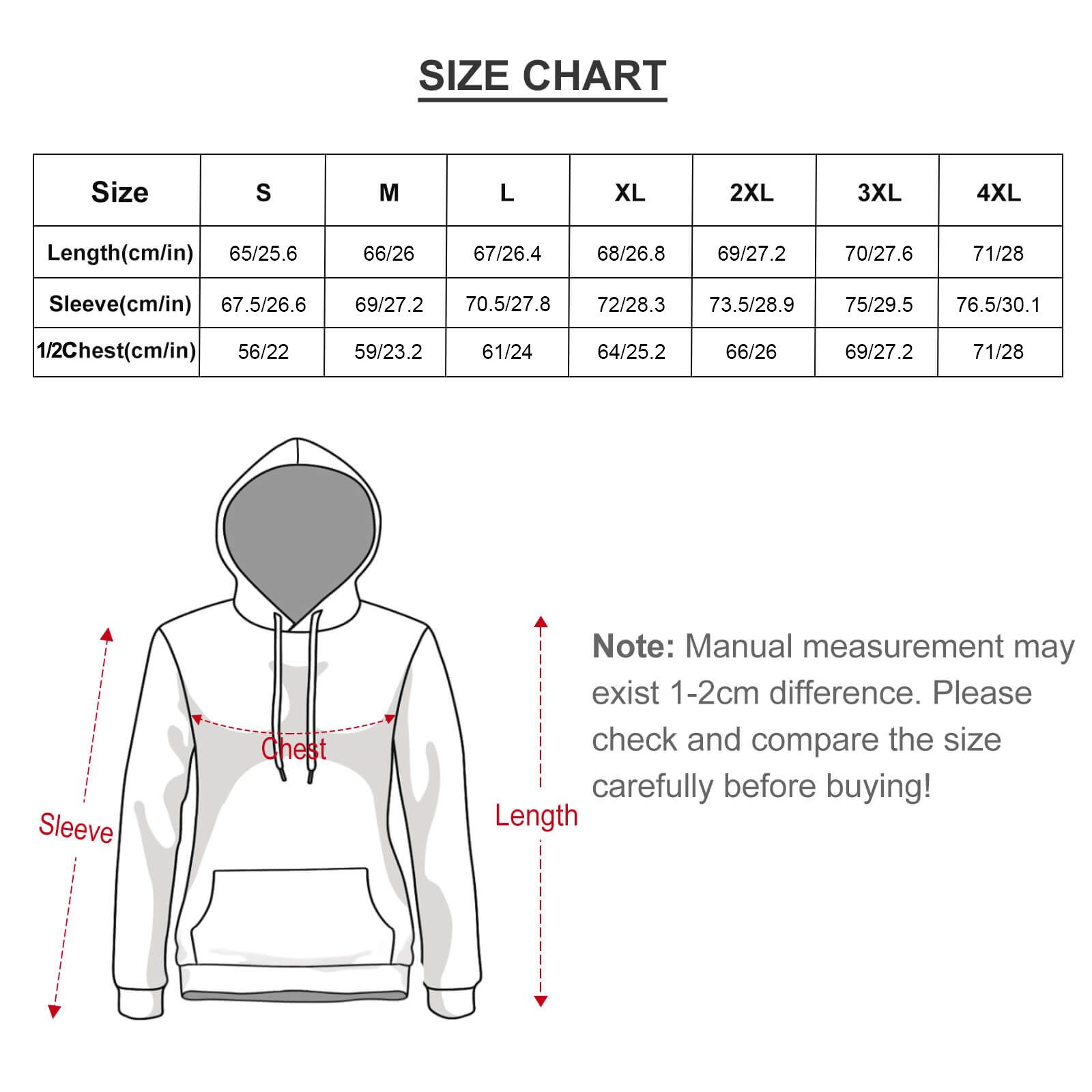 Dropped Sleeve Hoodie Size Chart, including Length, Sleeve, and Chest measurements in cm and in.