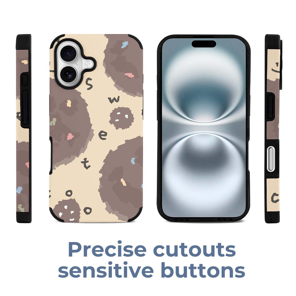 iPhone 16 fiber skin case with brown circle pattern, precise cutouts & sensitive buttons, protective cover.