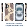iPhone 16 fiber skin case with brown circle pattern, precise cutouts & sensitive buttons, protective cover.