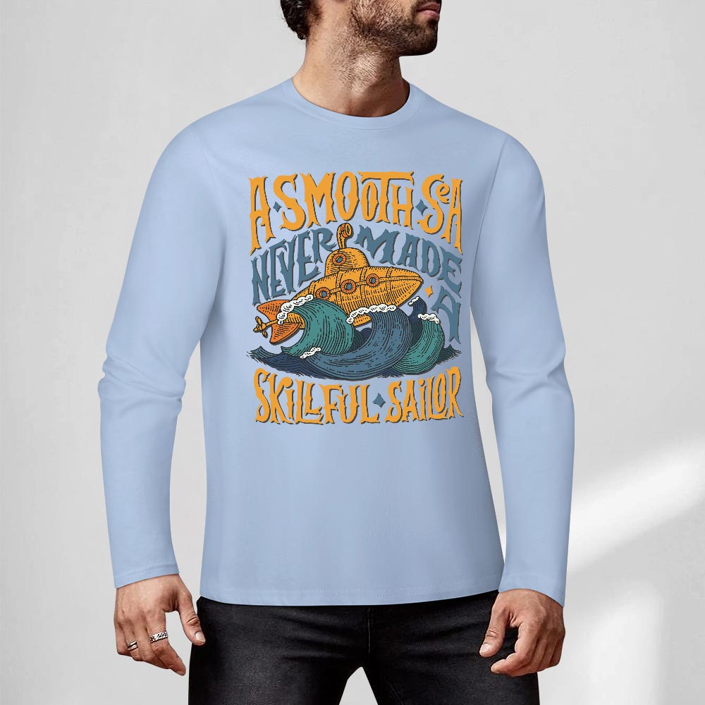 Light blue pure cotton long sleeve t-shirt featuring ASMOOTH ARE MADE OF SOULFULLY graphic design for casual wear.