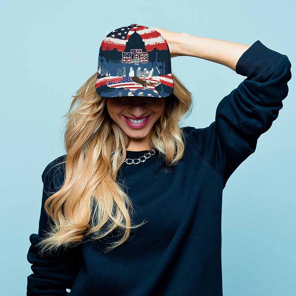 Woman wearing American flag baseball cap, curved brim, polyester fabric, stylish and comfortable.