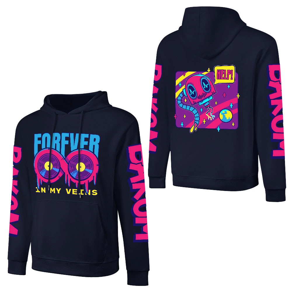 Navy blue cotton hooded sweater with 'FOREVER 99' design and sleeve prints, suitable for fashion.