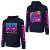 Navy blue cotton hooded sweater with 'FOREVER 99' design and sleeve prints, suitable for fashion.