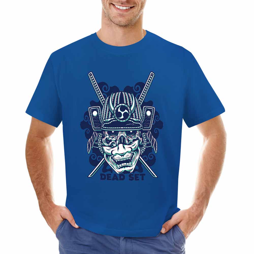 Royal blue cotton men's T-shirt featuring a detailed samurai skull design, perfect for leisure.