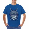Royal blue cotton men's T-shirt featuring a detailed samurai skull design, perfect for leisure.