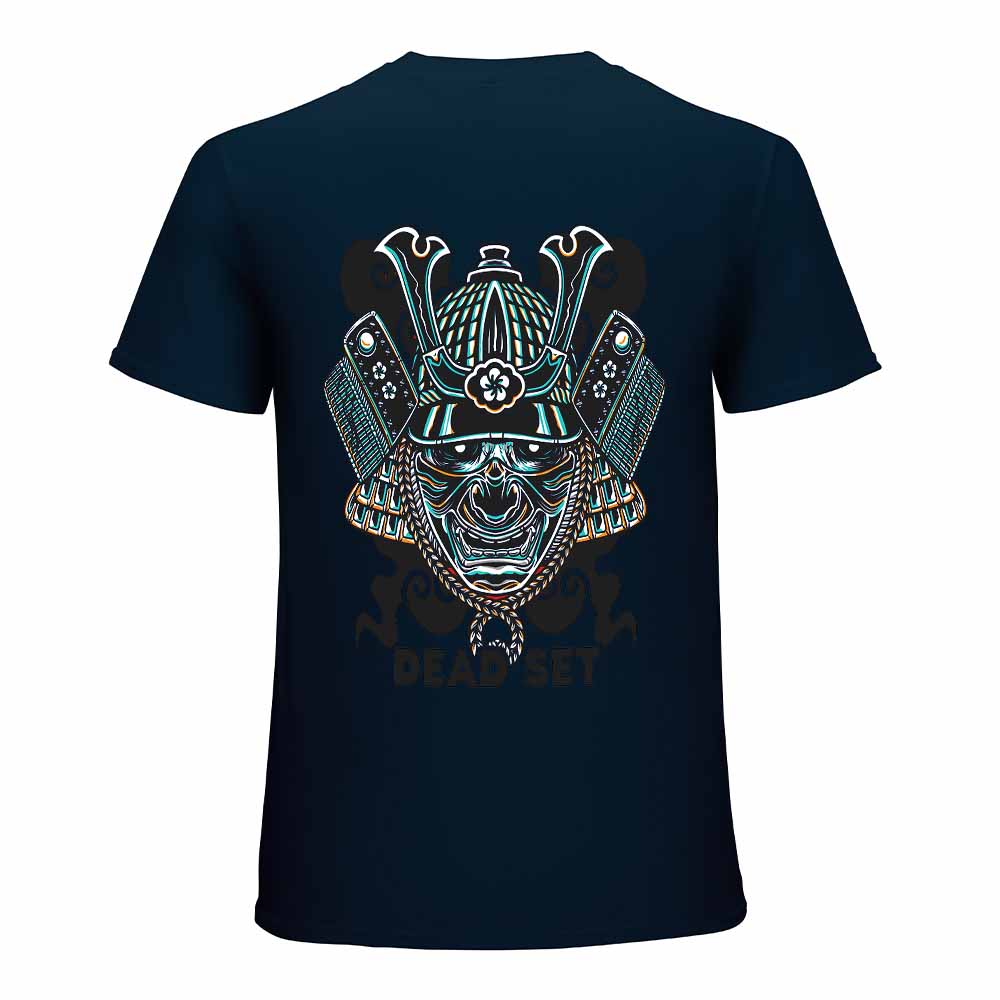 Dark blue men's cotton T-shirt with samurai skull design, perfect for leisure and events.