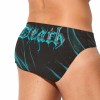 Black men's swim trunks with teal "Beach" design, made from polyester and spandex, quick-drying, perfect for swimming