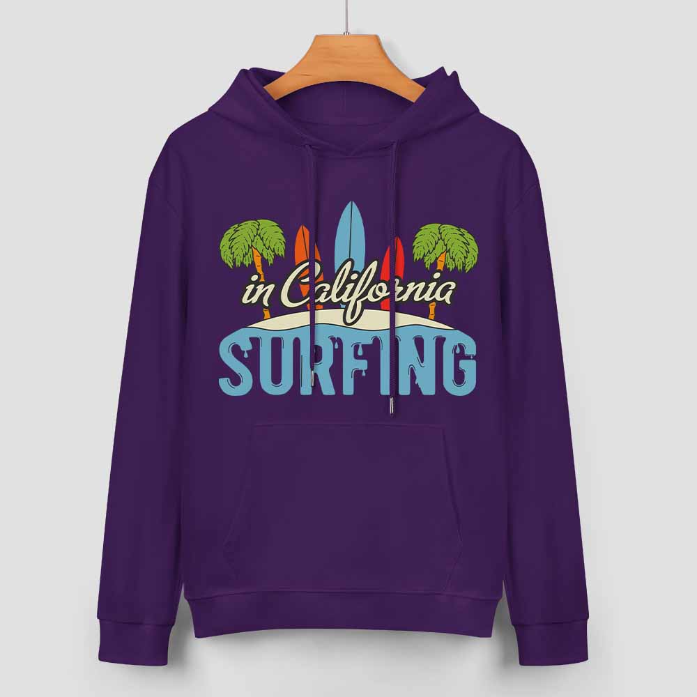 Purple cotton California Surfing hoodie for men, loose fit, comfortable daily wear.