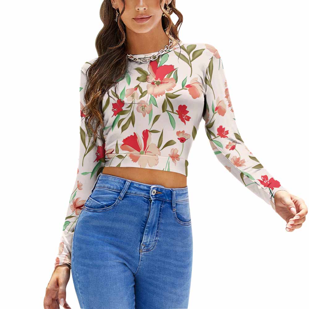Floral print backless t-shirt in polyester and spandex blend, perfect for casual wear.