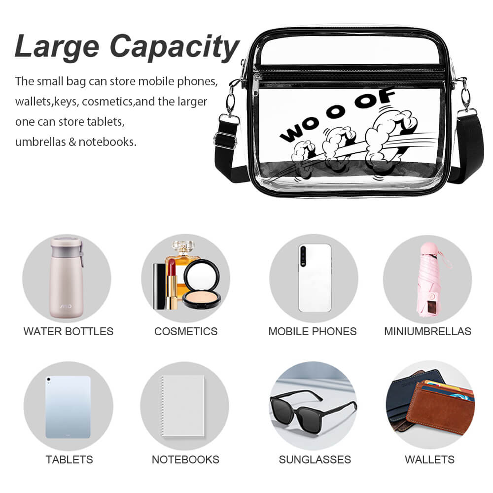 Transparent satchel bag with large capacity, PVC material, black trim and strap.