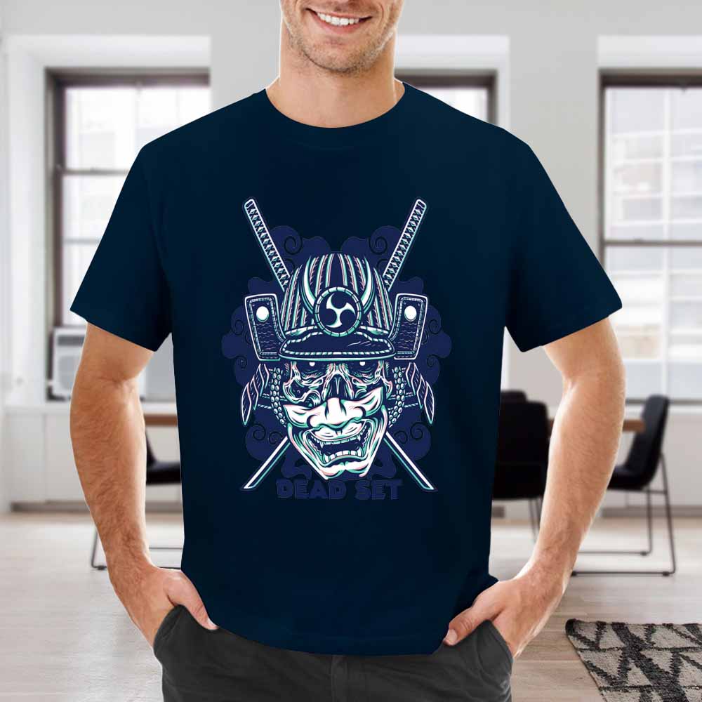 Navy blue cotton men's T-shirt with samurai skull design
