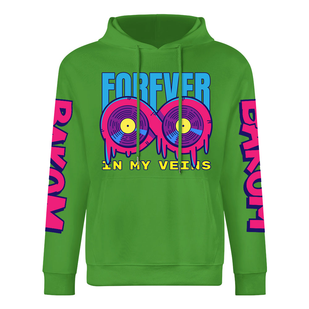Green cotton hoodie with 'FOREVER 99' graphic, donut design, DAKUM and CRASUM sleeve prints, youth fashion style.