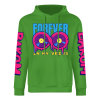 Green cotton hoodie with 'FOREVER 99' graphic, donut design, DAKUM and CRASUM sleeve prints, youth fashion style.