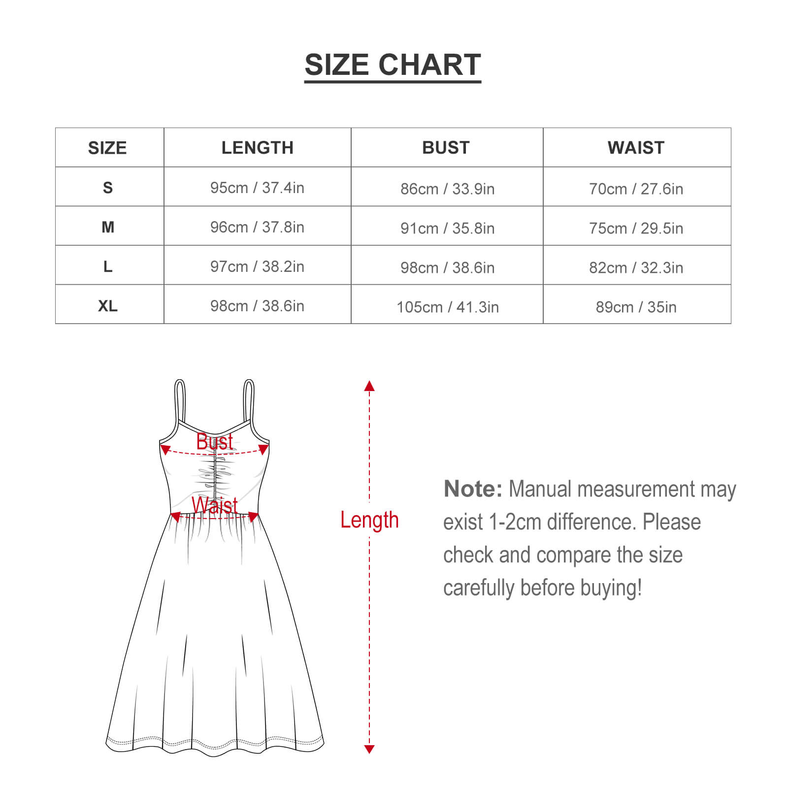 Size chart for floral print long suspender dress with measurements in cm/in, showing length, bust, and waist.